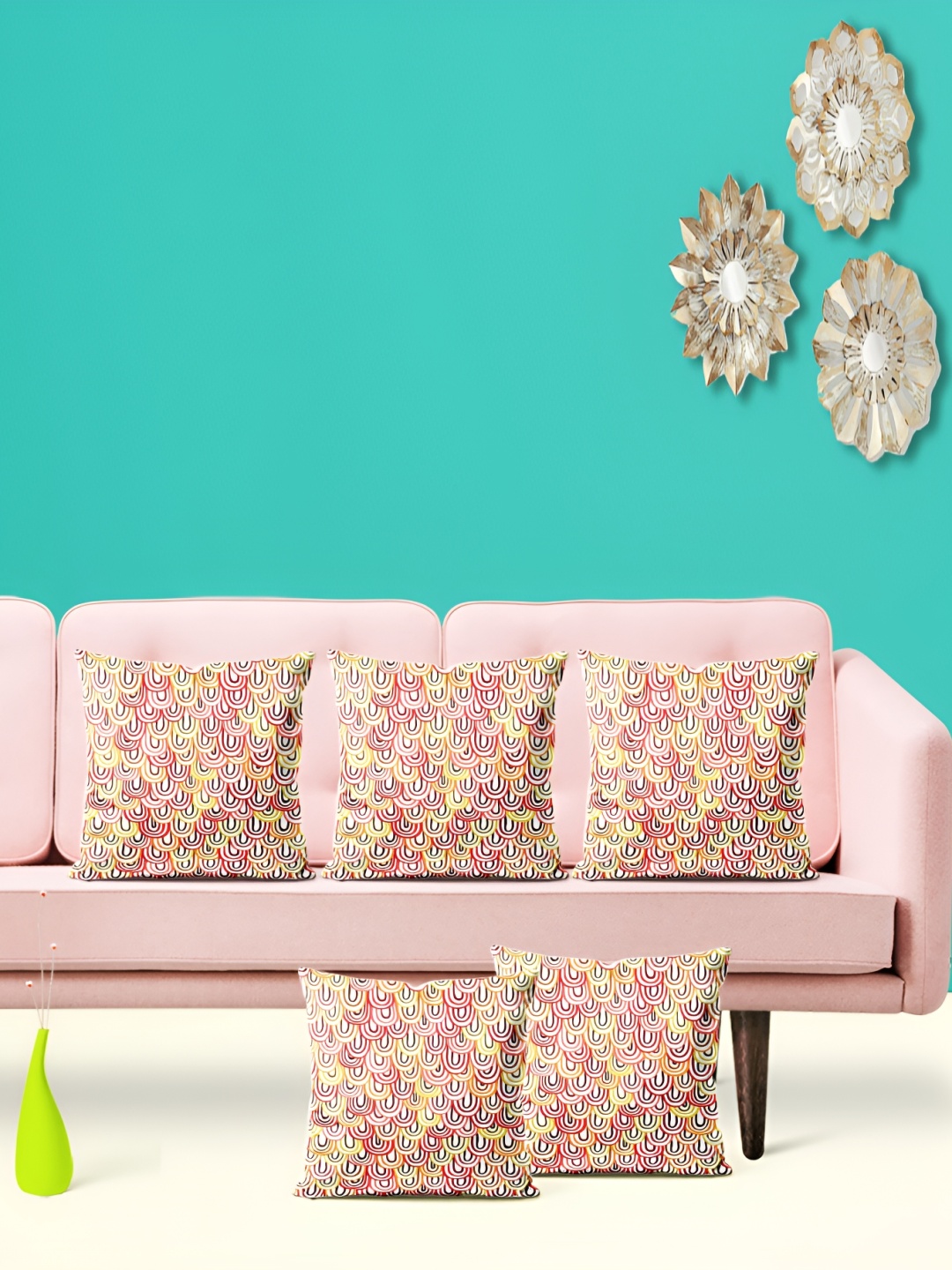 

ArtzFolio Beige & Pink 5 Pieces Geometric Velvet Square Cushion Covers