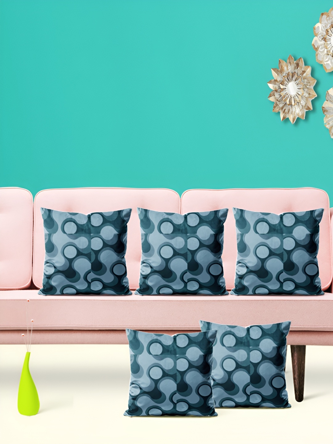 

ArtzFolio Teal Blue & Blue 5 Pieces Abstract Printed Velvet Square Cushion Covers