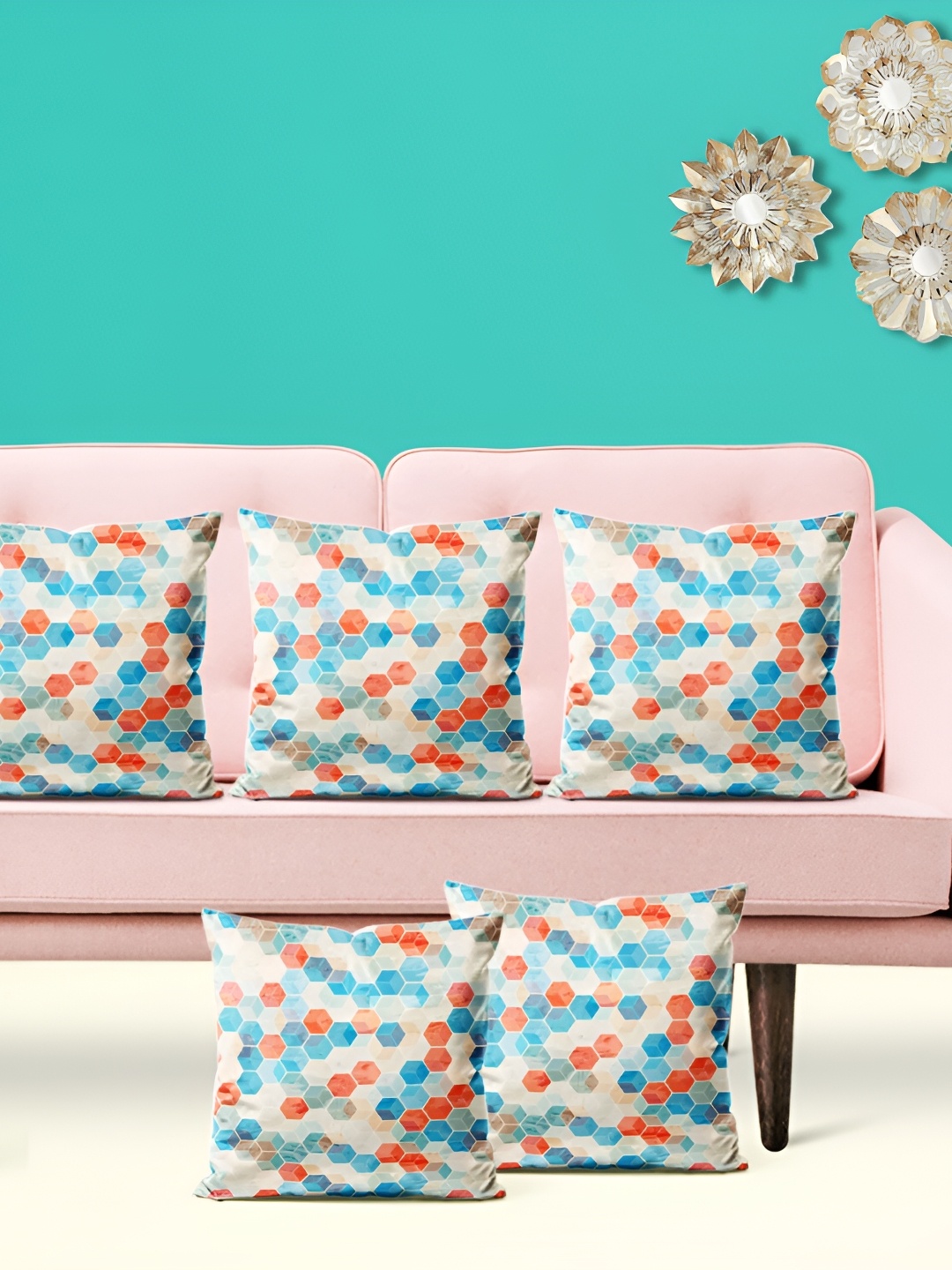 

ArtzFolio Off White & Blue 5 Pieces Geometric Printed Velvet Square Cushion Covers