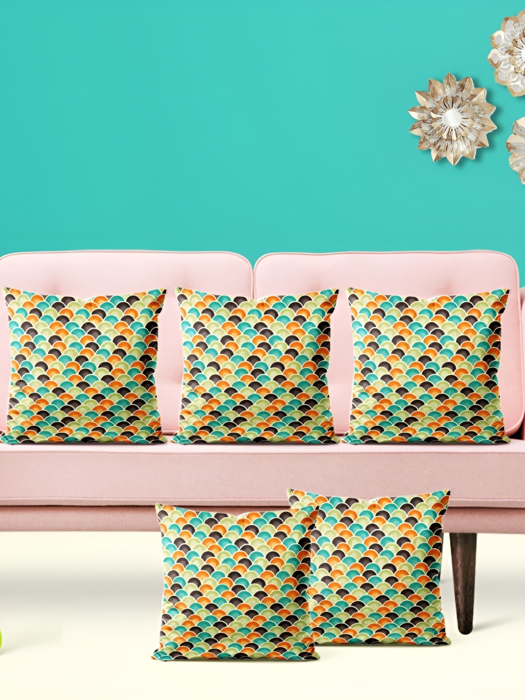 

ArtzFolio Green & Blue 5 Pieces Geometric Printed Square Cushion Covers