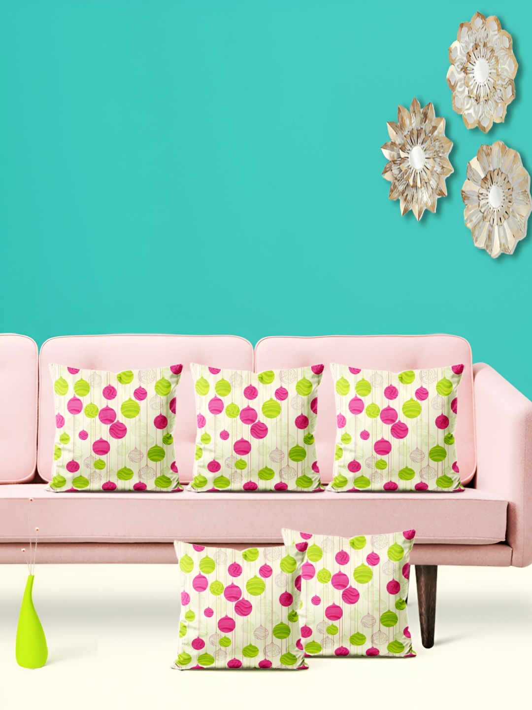 

ArtzFolio Green & Pink 5 Pieces Printed Velvet Square Cushion Covers