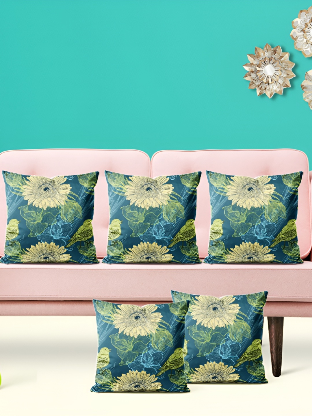 

ArtzFolio Blue & Beige 5 Pieces Floral Printed Velvet Square Cushion Covers