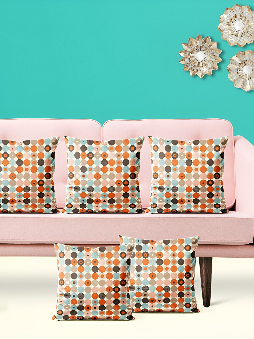 

ArtzFolio Cream & Orange 5 Pieces Geometric Printed Velvet Square Cushion Covers