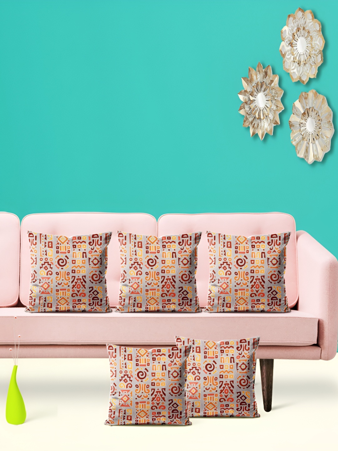 

ArtzFolio Grey & Orange 5 Pieces Ethnic Motifs Printed Velvet Square Cushion Covers