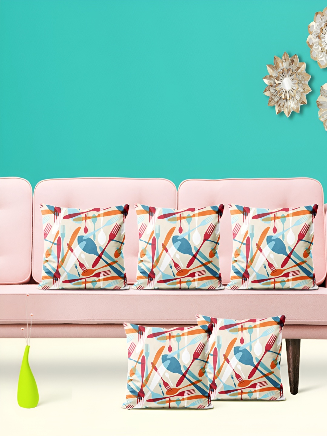 

ArtzFolio White & Orange Printed 5 Pieces Square Cushion Covers