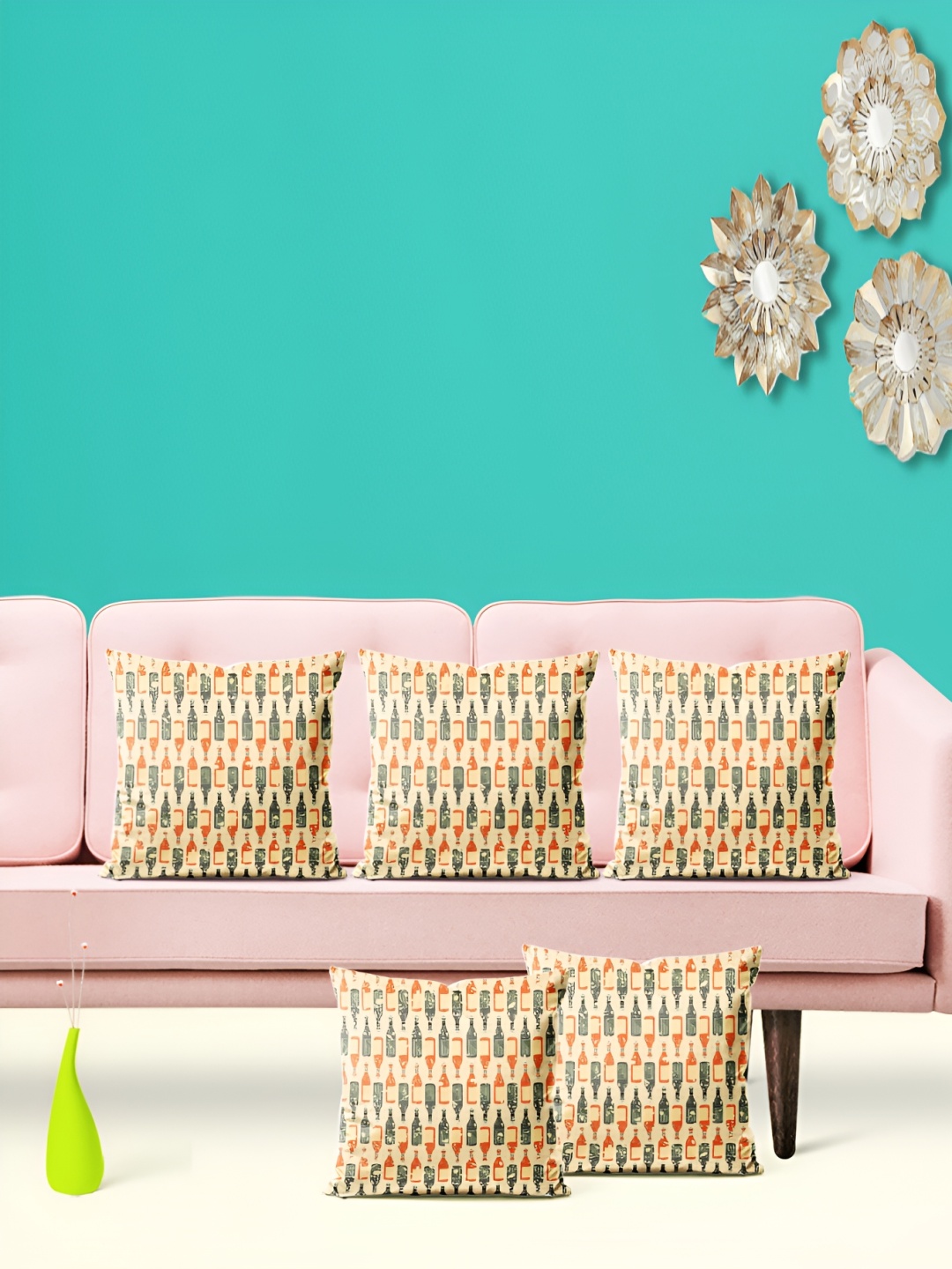 

ArtzFolio Beige & Green 5 Pieces Geometric Velvet Square Cushion Covers