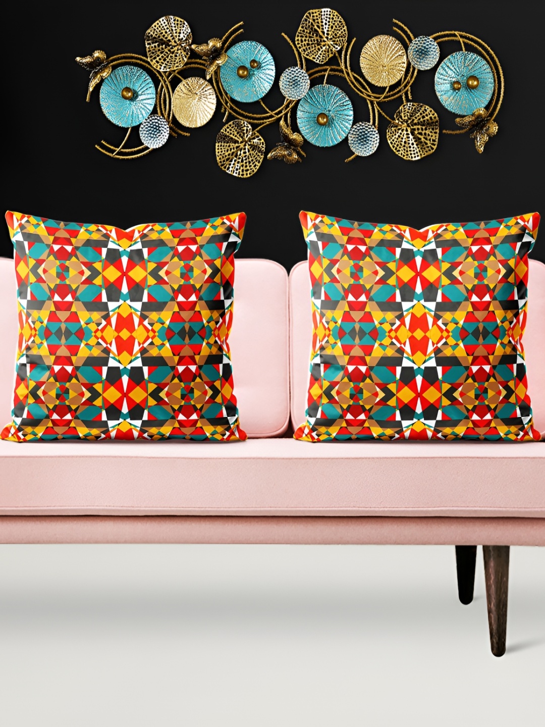 

ArtzFolio Yellow & Red 5 Pieces Geometric Printed Velvet Square Cushion Covers