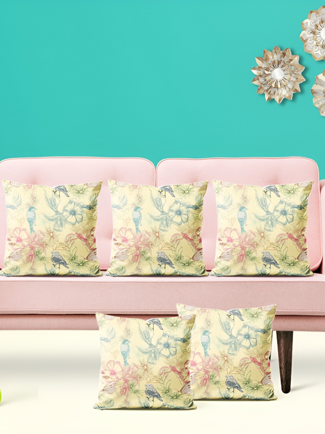 

ArtzFolio Yellow & Pink 5 Pieces Floral Printed Square Cushion Covers