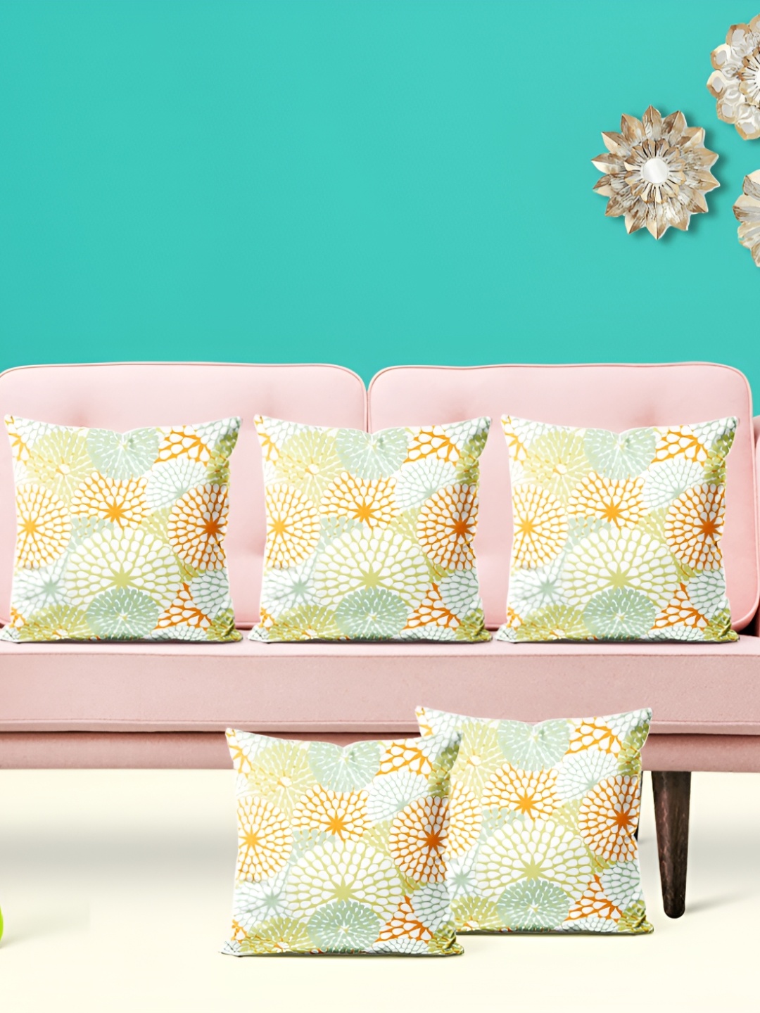 

ArtzFolio Green & Orange 5 Pieces Geometric Printed Square Cushion Covers