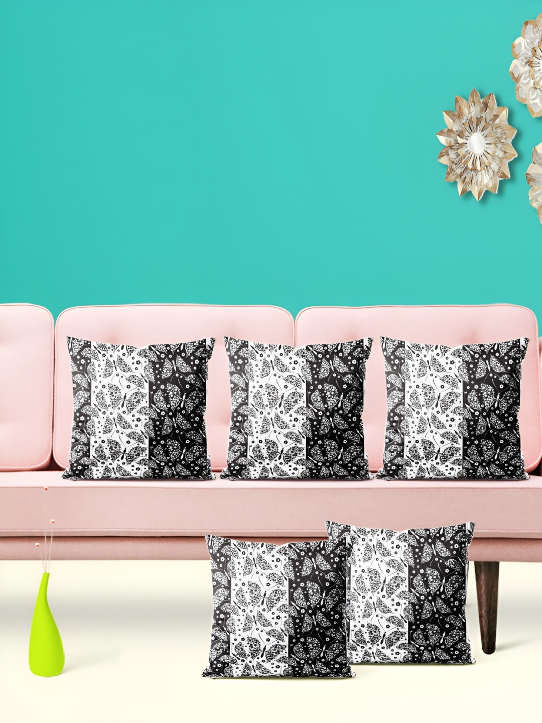 

ArtzFolio Black & White 5 Pieces Floral Printed Square Cushion Covers
