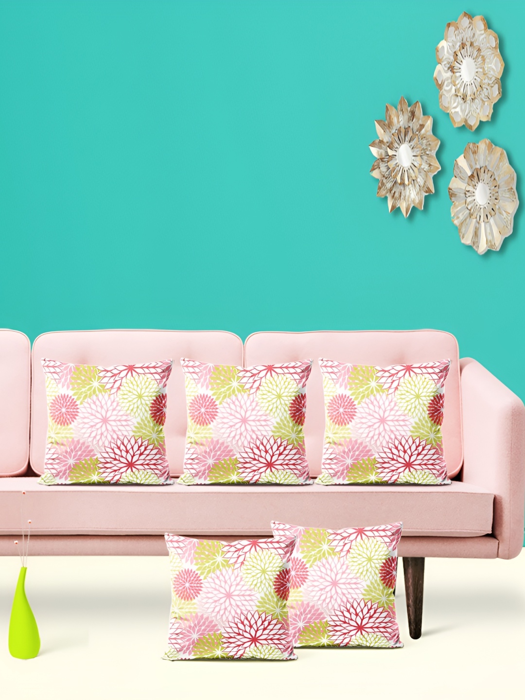 

ArtzFolio Green & Pink 5 Pieces Floral Square Cushion Covers
