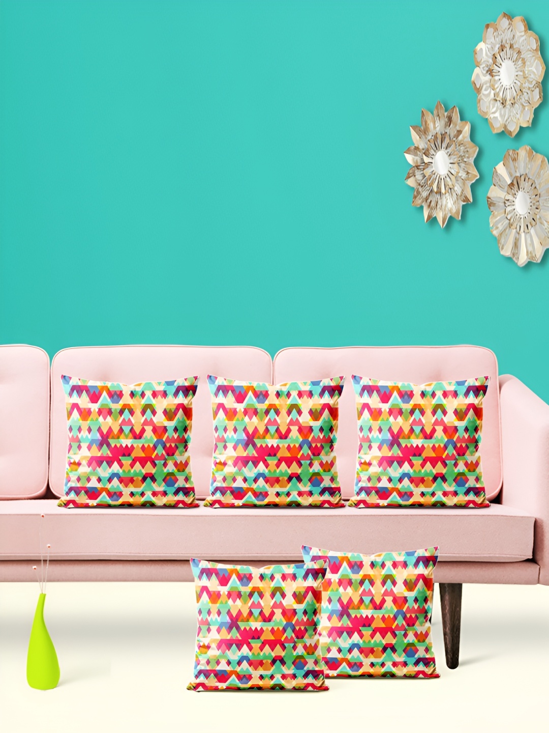 

ArtzFolio Red & Yellow 5 Pieces Geometric Printed Square Cushion Covers