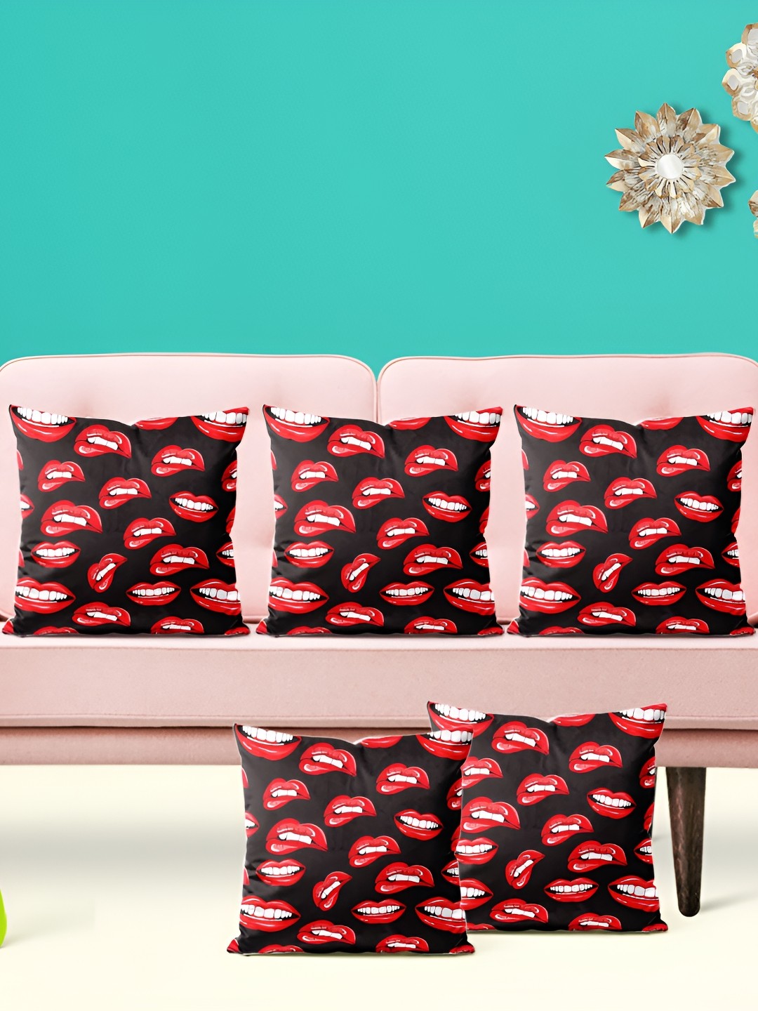 

ArtzFolio Black & Red 5 Pieces Printed Velvet Square Cushion Covers