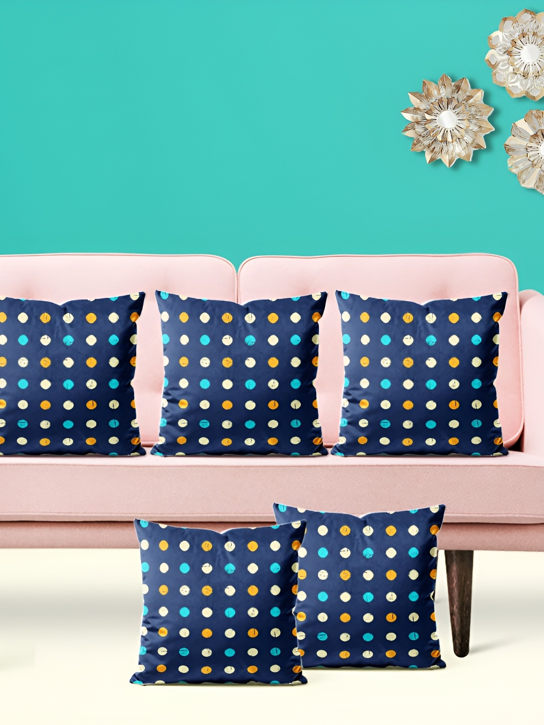 

ArtzFolio Navy Blue & Yellow 5 Pieces Polka Dots Printed Square Cushion Covers