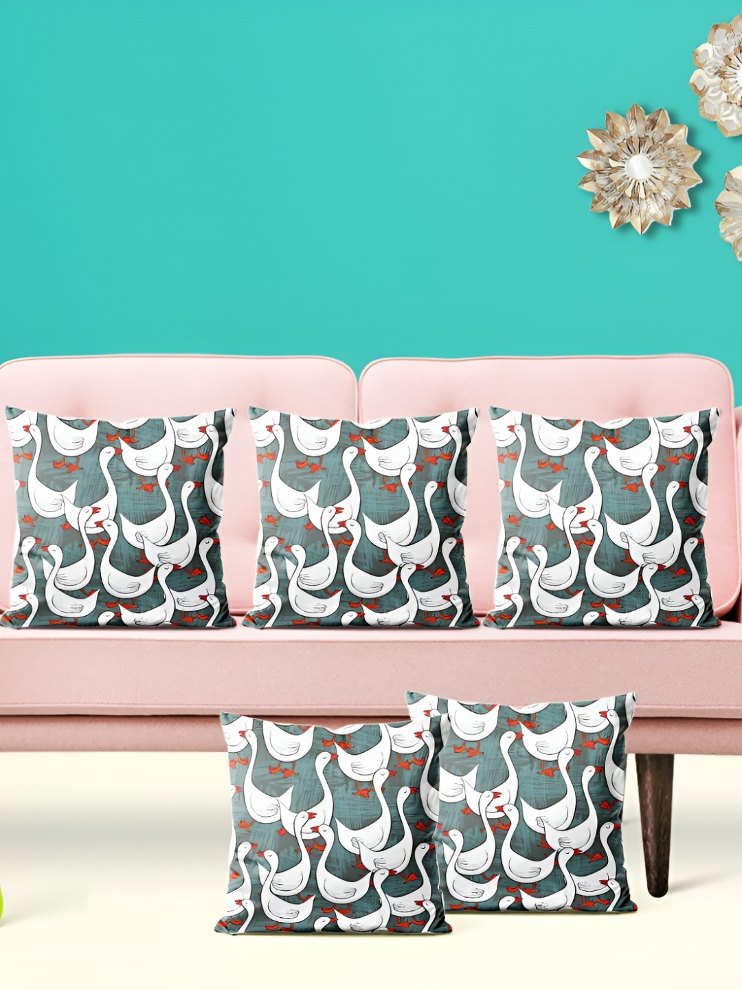 

ArtzFolio Green & White 5 Pieces Birds Printed Velvet Square Cushion Covers