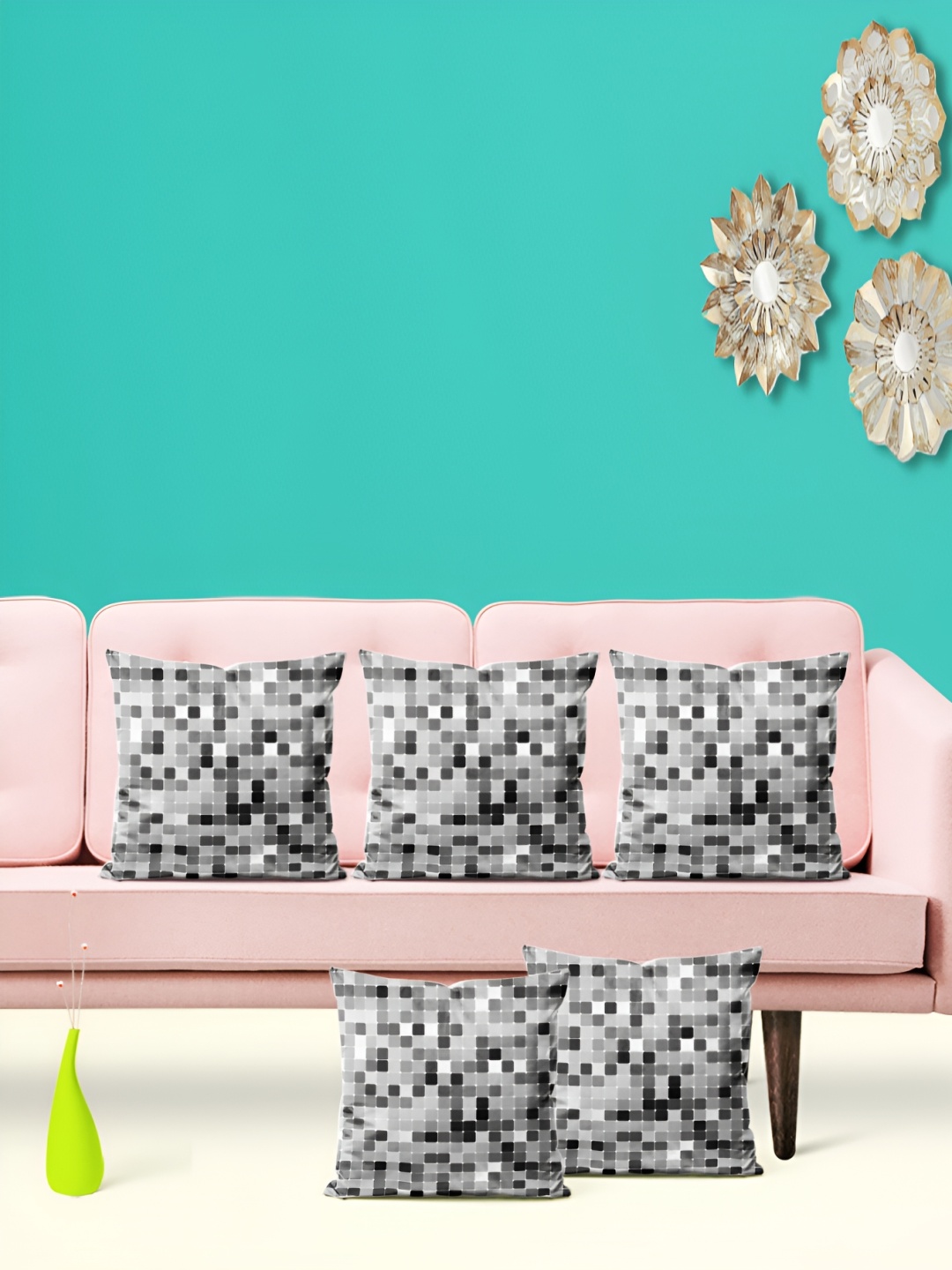 

ArtzFolio Black and Grey 5 Pieces Geometric Printed Velvet Square Cushion Covers