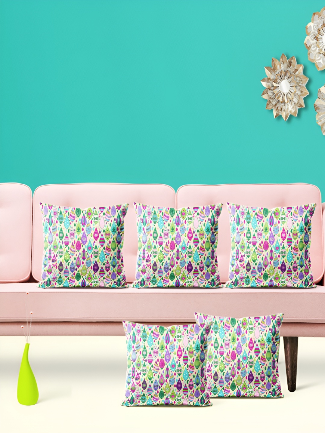 

ArtzFolio Green & Pink 5Pcs Abstract Square Cushion Covers