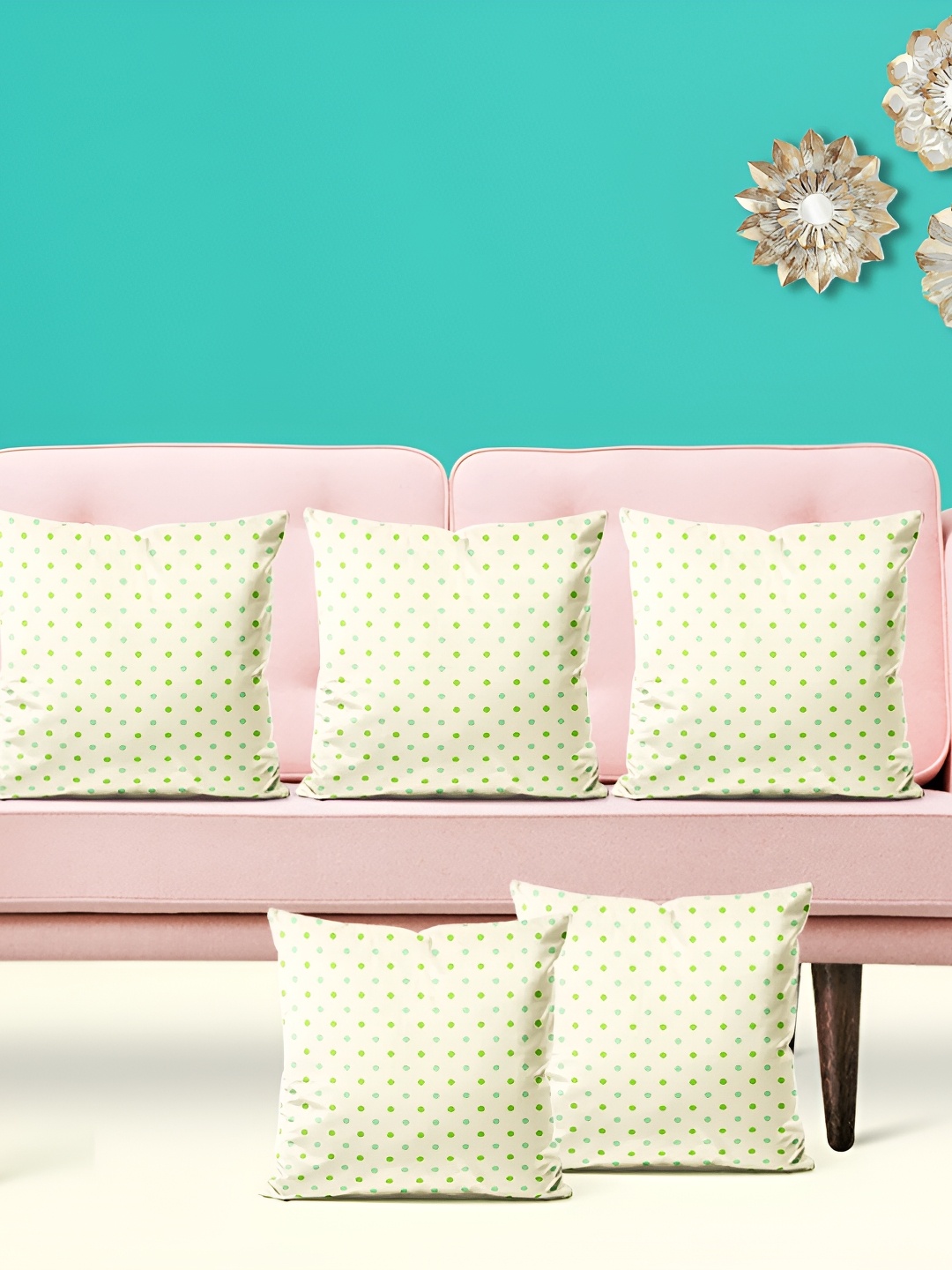 

ArtzFolio Cream Coloured & Green 5 Pieces Geometric Square Cushion Covers