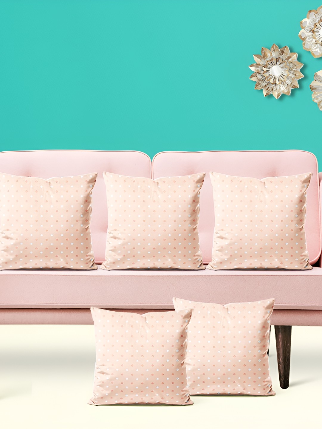 

ArtzFolio Peach & White 5 Pieces Polk Dots Printed Velvet Square Cushion Covers
