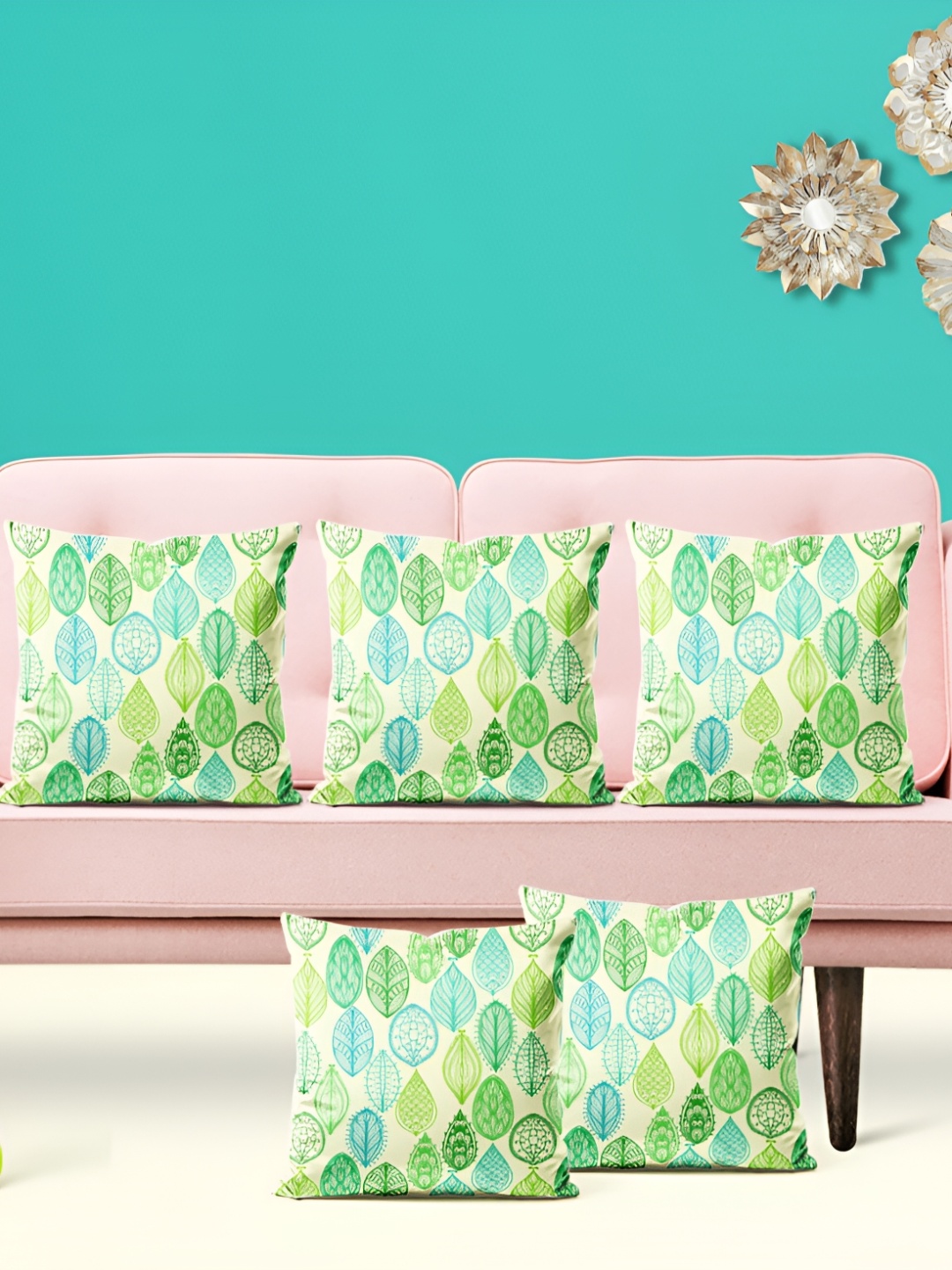 

ArtzFolio Green & Blue 5 Pieces Floral Printed Square Cushion Covers