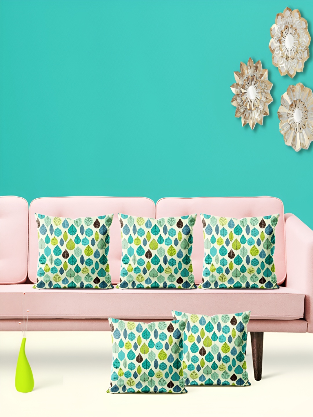 

ArtzFolio Green & Blue 5 Pieces Floral Printed Square Cushion Covers