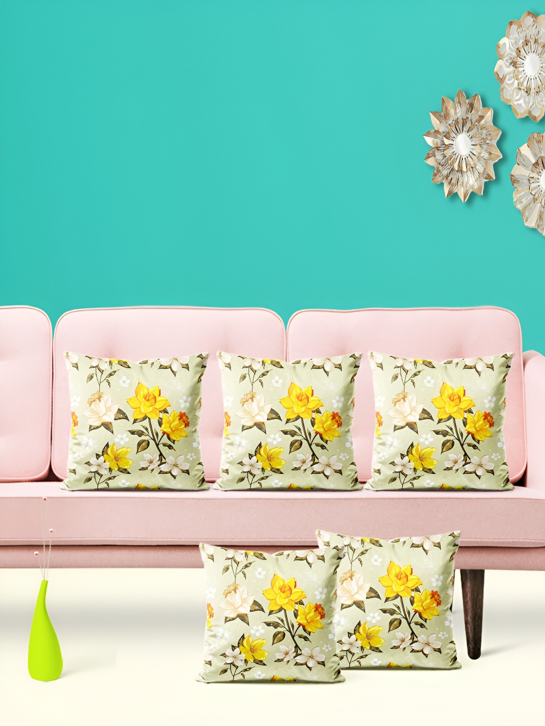 

ArtzFolio Green & Yellow 5 Pieces Floral Printed Velvet Square Cushion Covers