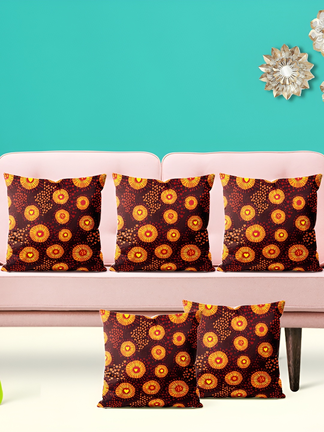 

ArtzFolio Brown & Yellow 5 Pieces Floral Velvet Square Cushion Covers
