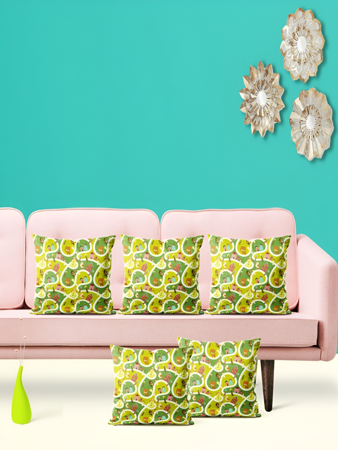 

ArtzFolio Green & Yellow 5 Pieces Printed Velvet Square Cushion Covers