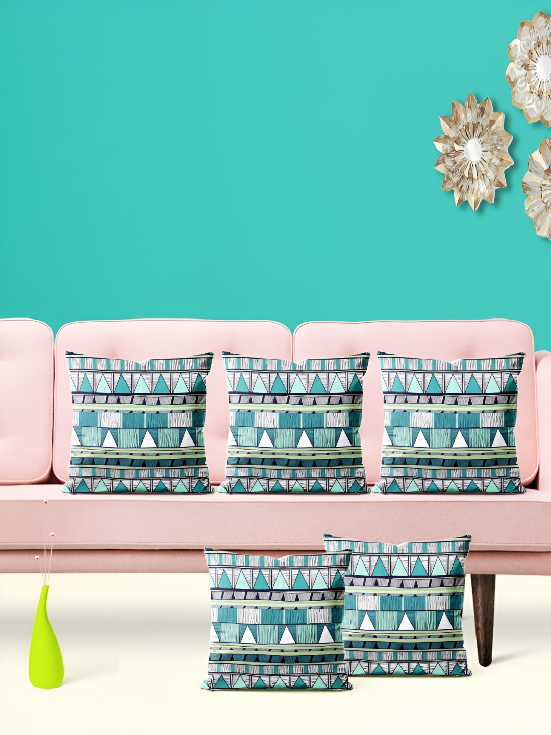 

ArtzFolio Green & Black 5 Pieces Geometric Velvet Square Cushion Covers