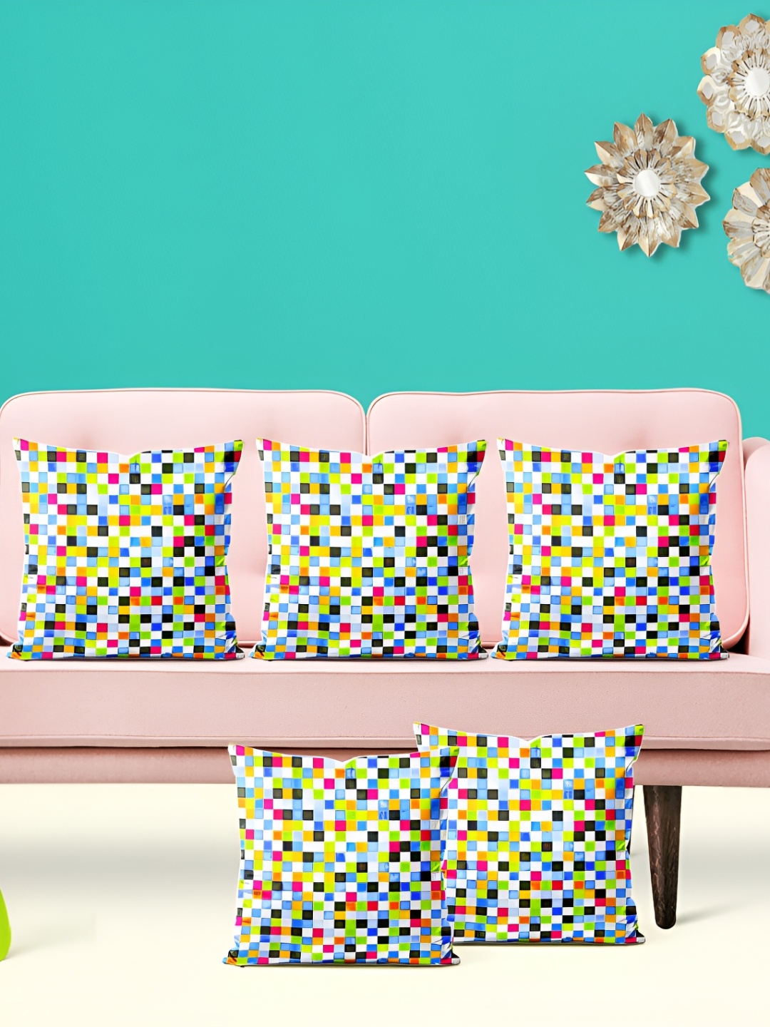 

ArtzFolio Wwhite & Blue 5 Pcs Square Cushion Covers, White
