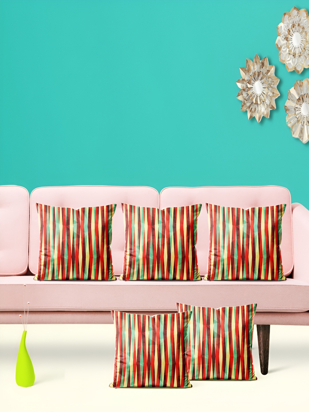 

ArtzFolio Green & Red 5 Pieces Striped Square Cushion Covers