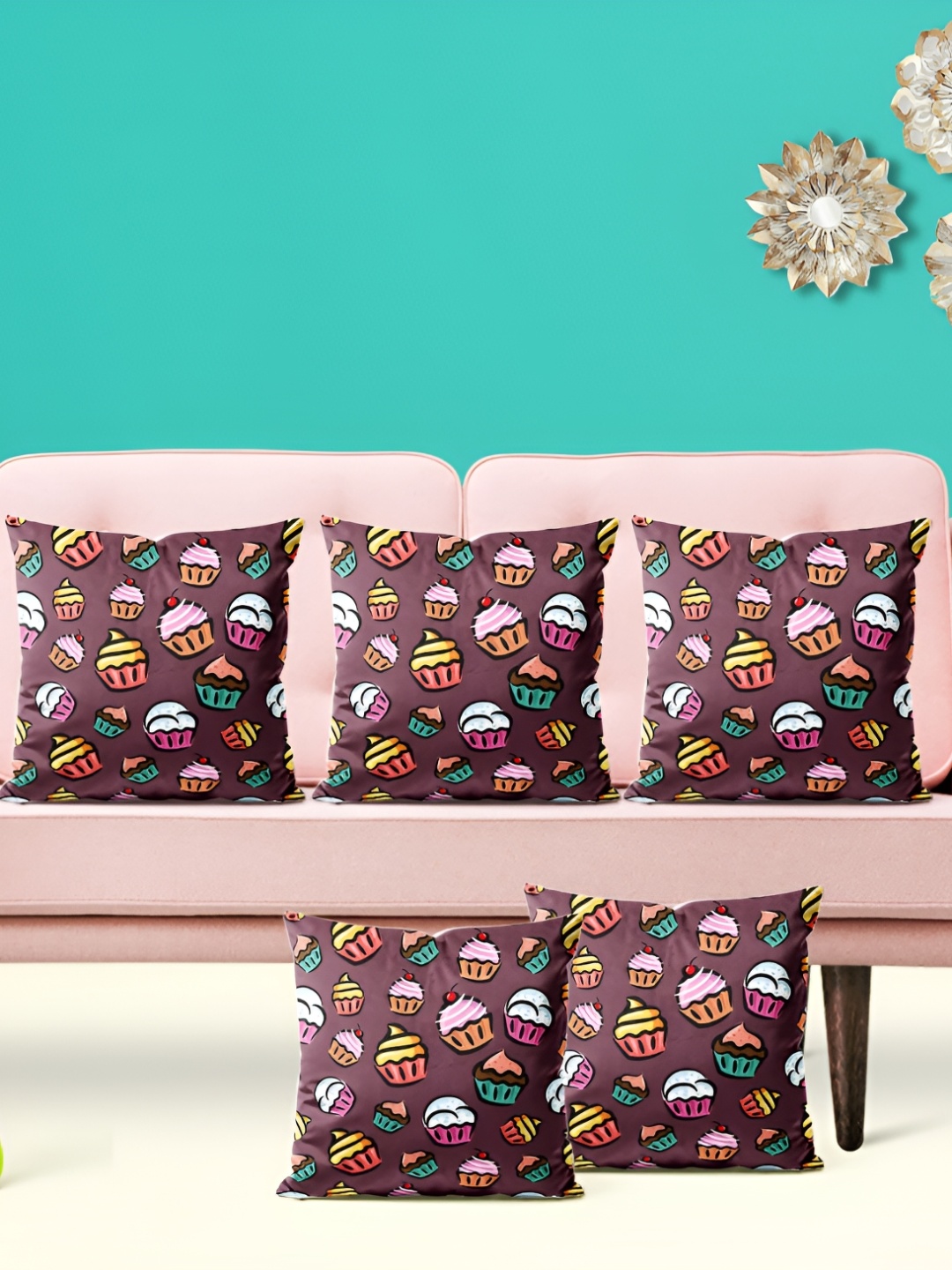

ArtzFolio Brown & Pink 5 Pieces Printed Velvet Square Cushion Covers