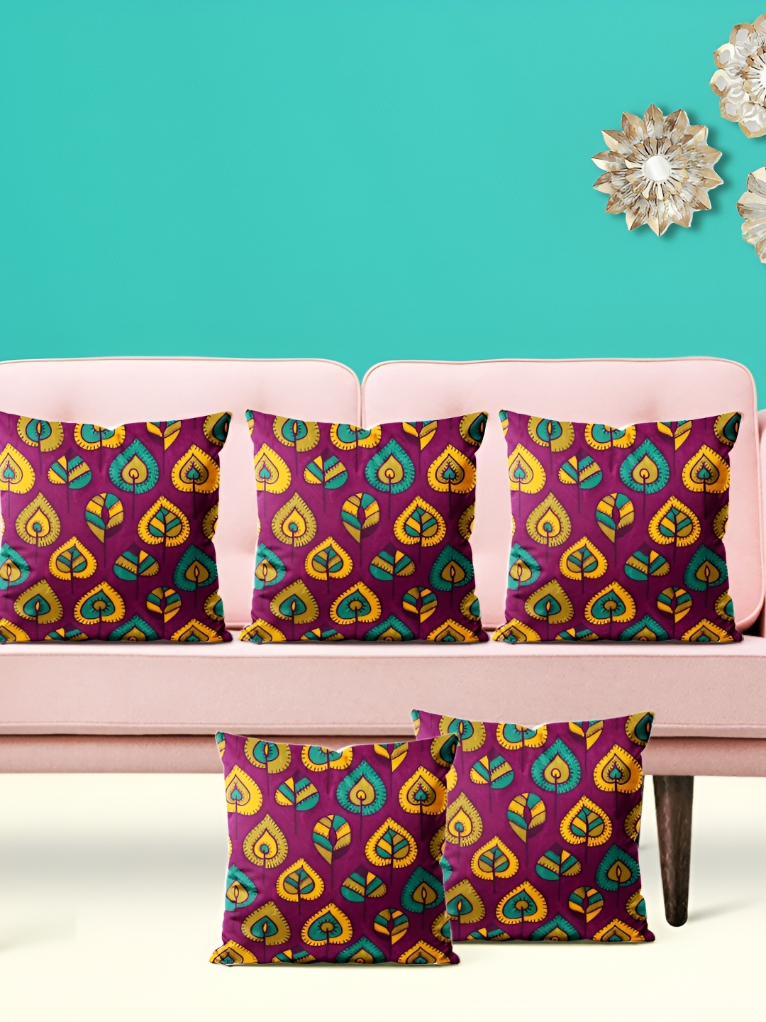 

ArtzFolio Purple & Mustard 5 Pieces Floral Printed Velvet Square Cushion Covers