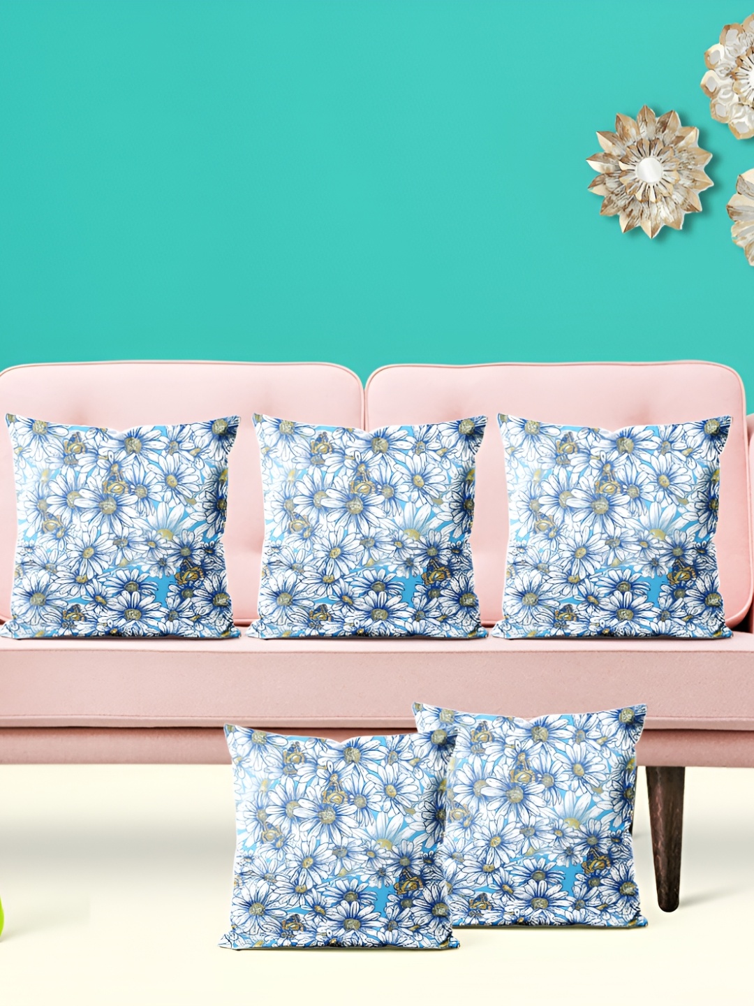 

ArtzFolio Blue & White 5 Pieces Floral Printed Velvet Square Cushion Covers