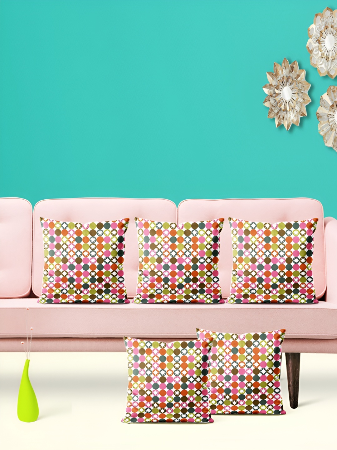 

ArtzFolio Pink & Green 5 Pieces Geometric Printed Velvet Square Cushion Covers