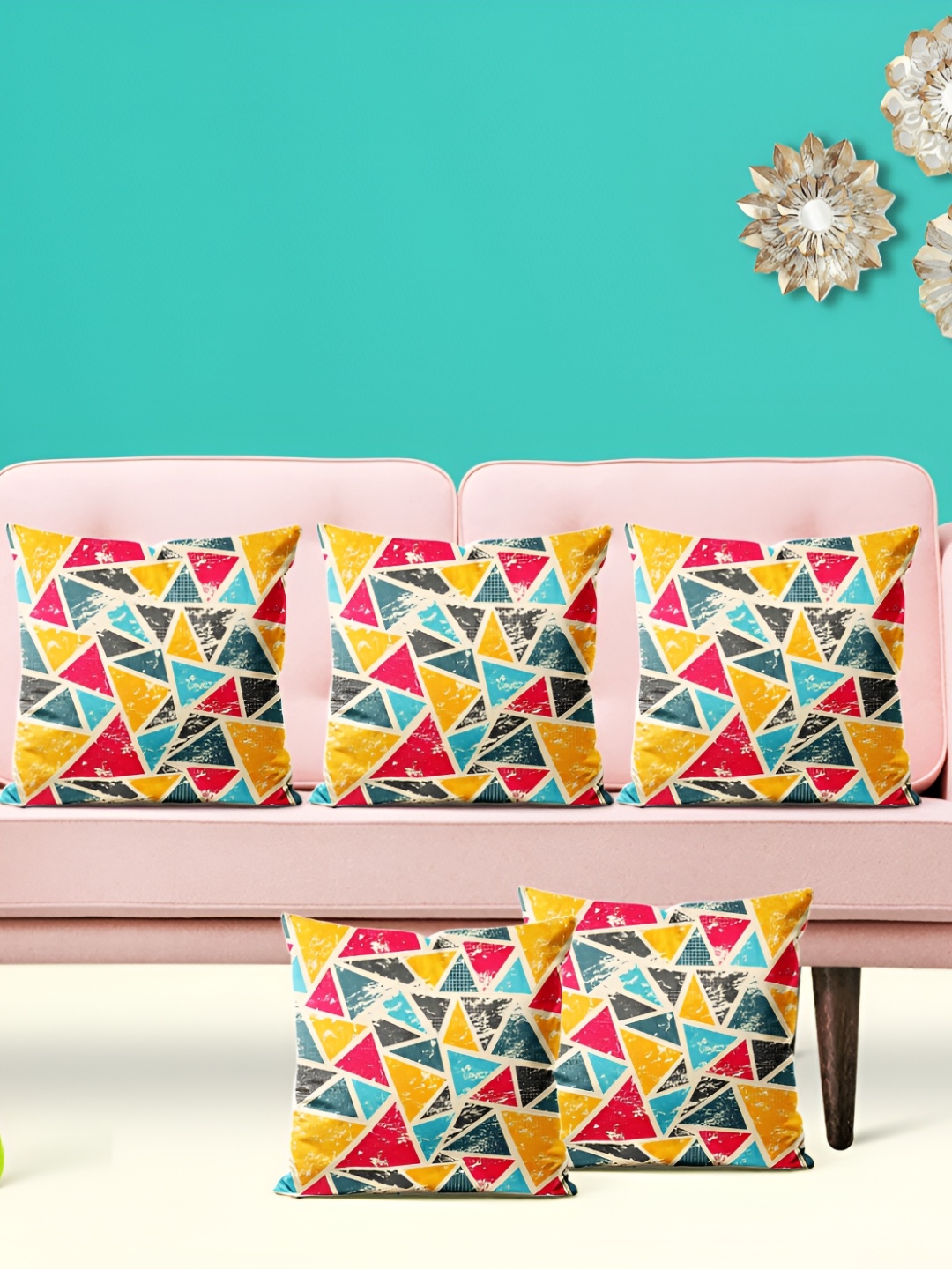 

ArtzFolio Yellow & Blue 5 Pieces Geometric Printed Velvet Square Cushion Covers