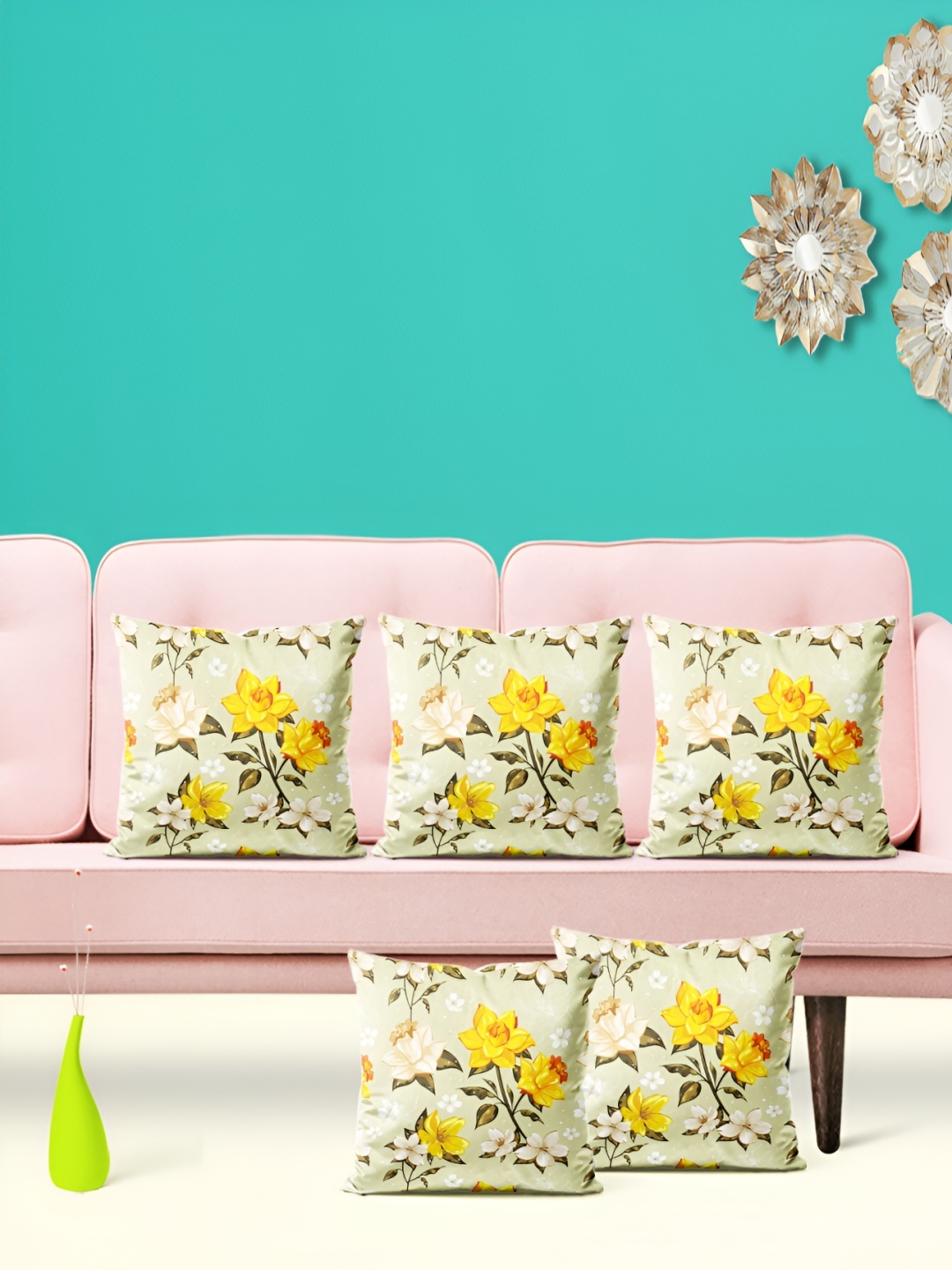 

ArtzFolio Green & Yellow 5 Pieces Floral Square Cushion Covers