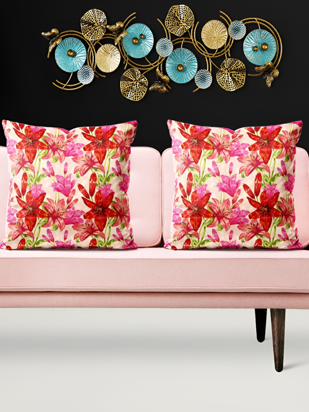 

ArtzFolio Beige & Red 5 Pieces Floral Velvet Square Cushion Covers
