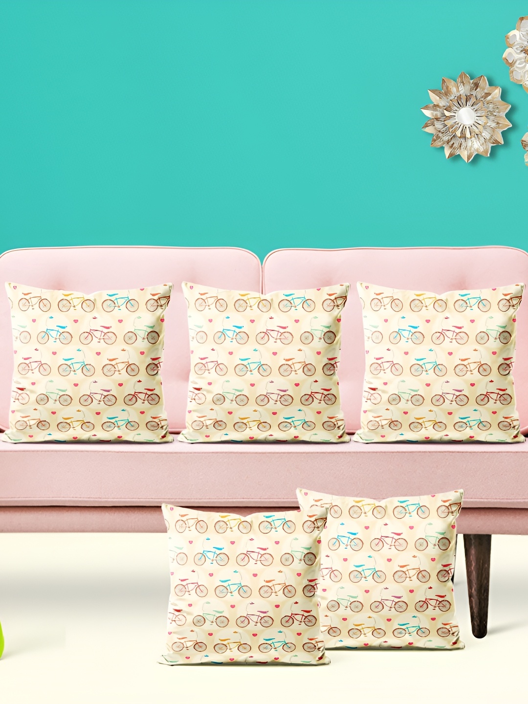 

ArtzFolio Beige & blue 5 Pieces Self Design Printed Square Cushion Covers