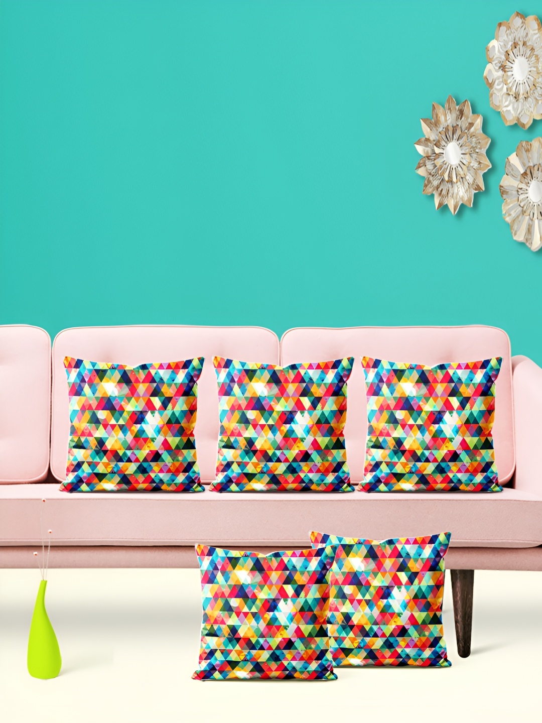 

ArtzFolio Green & Blue 5 Pieces Geometric Printed Square Cushion Covers