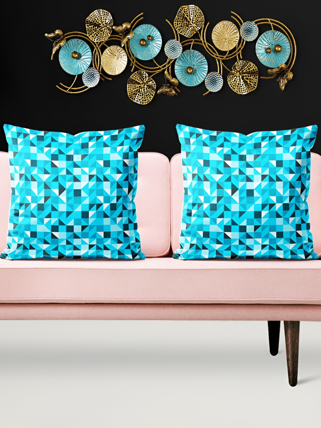 

ArtzFolio Blue 5 Pieces Geometric Printed Velvet Square Cushion Covers