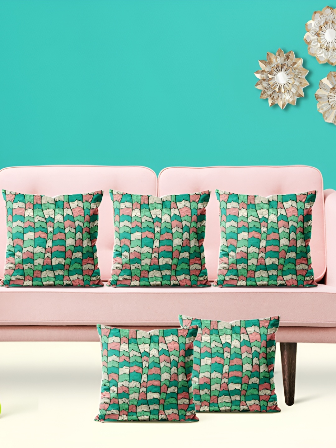 

ArtzFolio Green & Pink 5 Pieces Abstract Velvet Square Cushion Covers