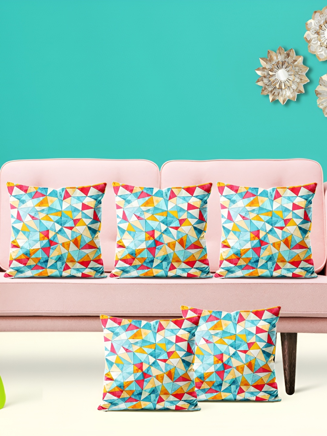 

ArtzFolio Teal & Red 5 Pieces Geometric Printed Square Cushion Covers
