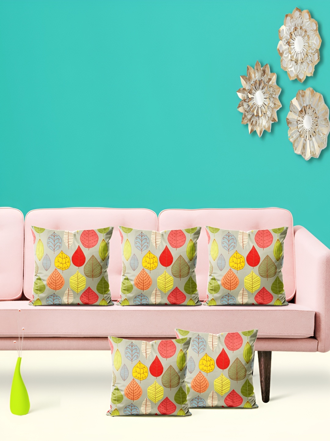 

ArtzFolio Grey & Green 5 Pieces Printed Square Cushion Covers