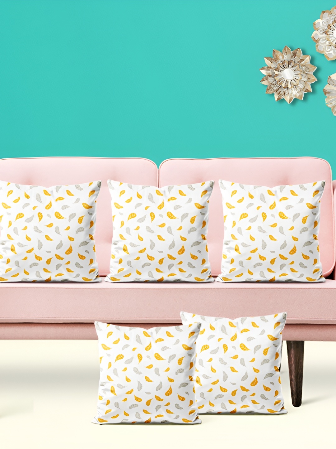 

ArtzFolio White & Orange 5 Pieces Velvet Square Cushion Covers