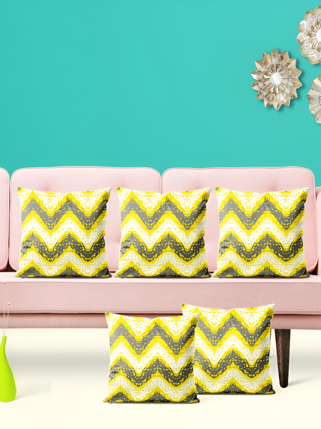 

ArtzFolio Yellow & Green 5 Pieces Geometric Printed Square Cushion Covers