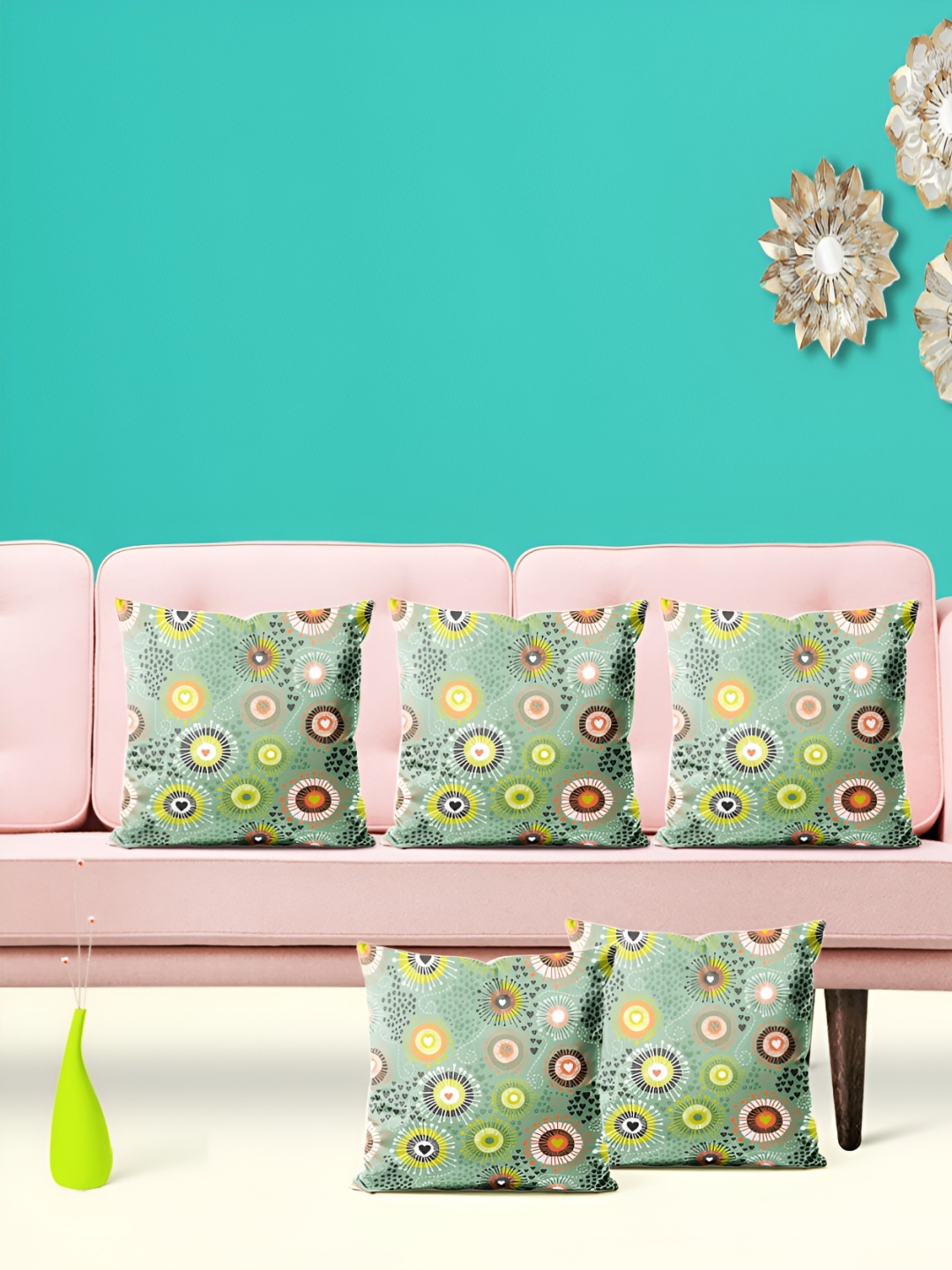 

ArtzFolio Green & Yellow 5 Pieces Printed Square Cushion Covers