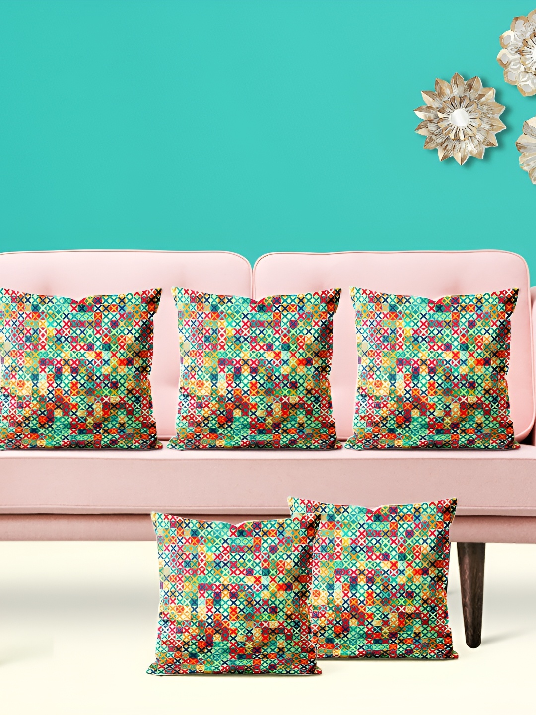 

ArtzFolio Blue 5 Pieces Geometric Velvet Square Cushion Covers