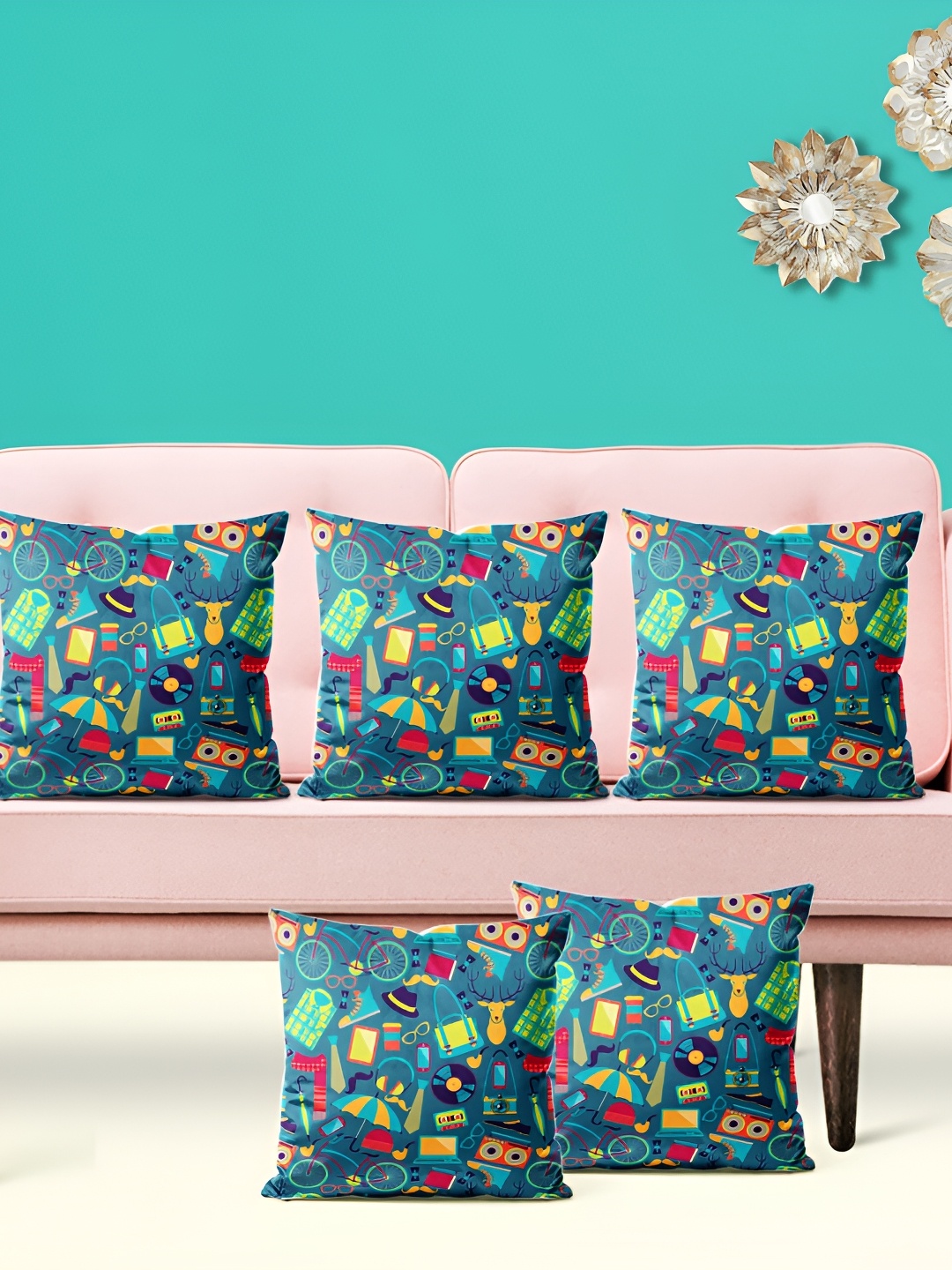 

ArtzFolio Teal & Yellow 5 Pieces Printed Velvet Square Cushion Covers