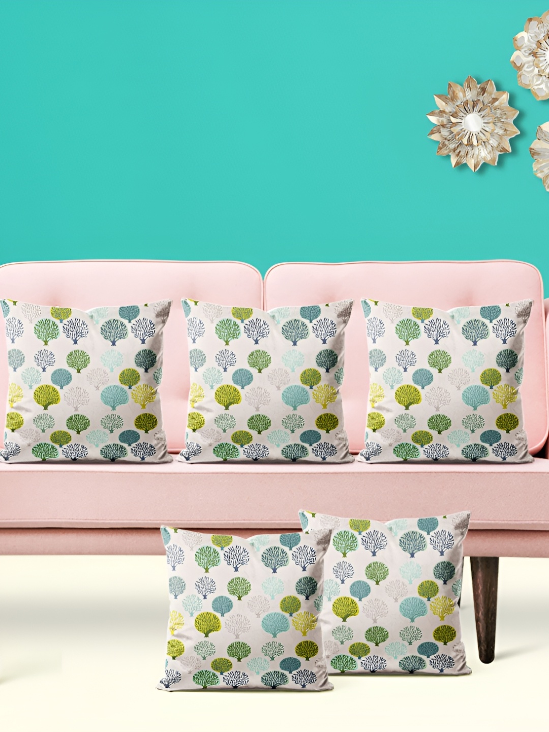 

ArtzFolio White & Green 5 Pieces Ethnic Motifs Square Cushion Covers